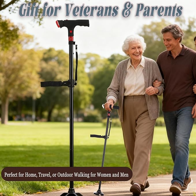2026 New Smart Walking Cane, Upgrade Smart Walking Canes for Men Women with Alarm, with Light, Foldable Dual Handles, Adjustable Canes for Elderly, Gift for Veterans & Parents