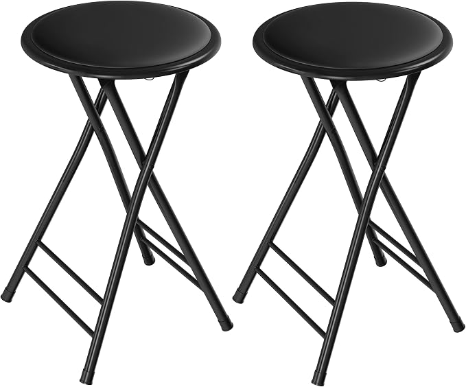 Lavish Home Folding Stool with Padded Backless Seat Set of 2, Black, 24” | Counter Height Bar Stools with 225lb Capacity, Portable Indoor & Outdoor, Extra Seat for Kitchen, Rec Room or Camping