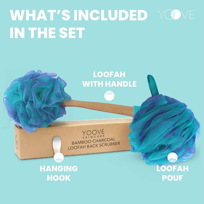 Yoove Body Scrubber Loofah with Handle - Green Shower Pouf | Charcoal infused shower loofah with long handle - back scrubber for women - exfoliating bath pouf for deep skin cleansing