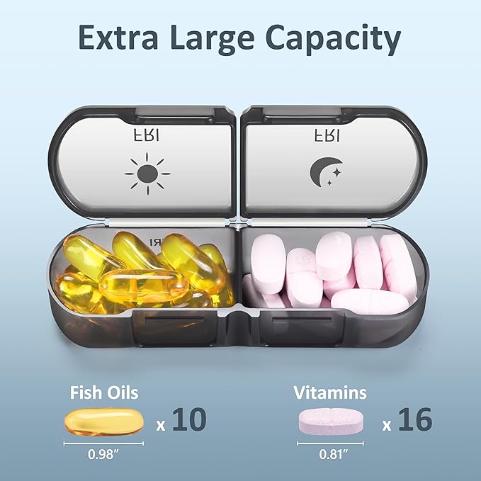 Fullicon Extra Large AM PM Pill Box Organizer 7 Day, Travel Medicine Pill Organizer 2 Times a Day, Large Supplement Vitamin Dispenser, Weekly Jumbo Pill Case Container for Purse (Black)
