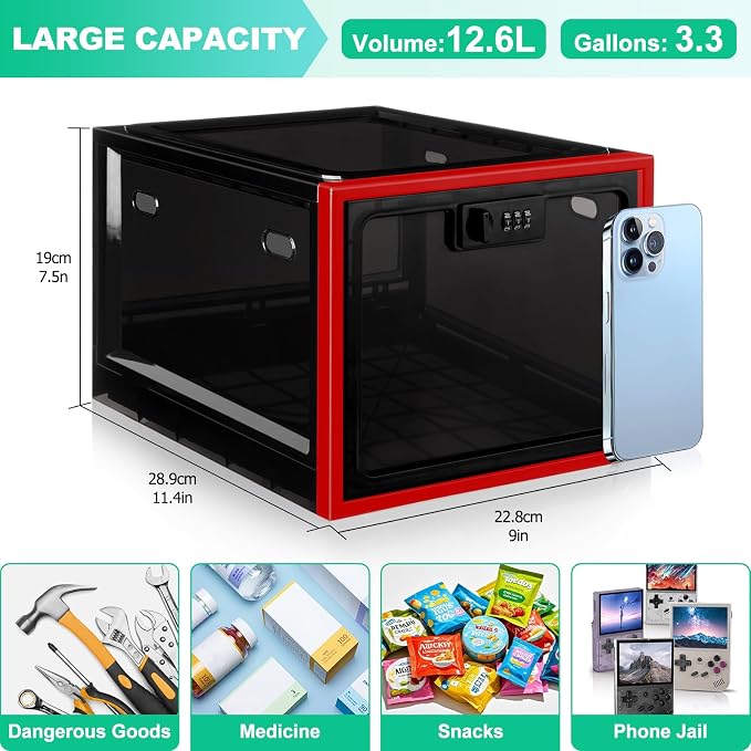 Medication Lock Box with Code, 12.6L Large Lockable Storage Box for Medicine, Snacks, Phone, and Electronics - BPA-Free, Clear Design with Charger Holes for Home, Office, Dorm, and Fridge