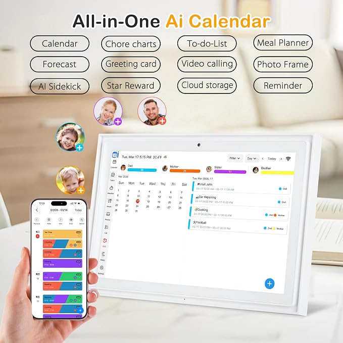 10.1-inch Digital Family Calendar, No Subscription, Video Call, Dual Mount | Calendar Sync, Chore Charts, Meal Planner, HD Photo Frame, Small Space Fit