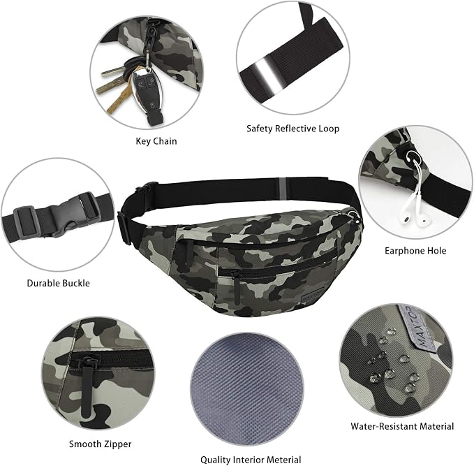 Large Camo Green Fanny Pack Hands-Free Belt Bag Carrying All Size of Phones | 4-Zipper Pockets,Polyester,Gifts for Enjoy Festival Sports Workout Traveling Running Casual Hands-Free Waist Pack Belt Bag