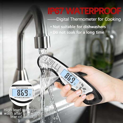 Cooking Thermometer，IP67 Waterproof Meat Thermometer Digital | Backlight，Magnetic attraction，Hold Function，Instant Read，LED screen，for Cooking,Outdoor Grilling