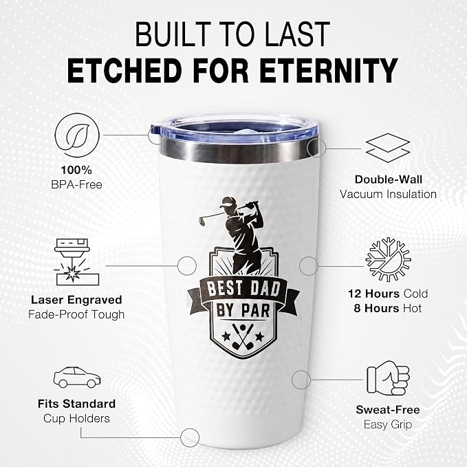 Golf Gift for Dad - Funny Golf Dads Gifts from Daughter Son Kids, Best Dad By Par Tumbler for Men Golfers Golf Lovers, Unique Golf Coffee Mug Cup for Fathers Day Christmas Birthday - Dimpled 20oz