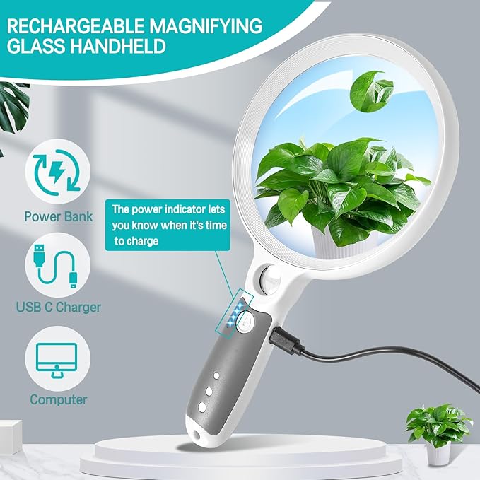 Large Magnifying Glass with 37 LED Light and Case, 10X 20X 45X Handheld Illuminated Lighted Magnifier with 3 Light Modes Rechargeable Magnifying Glass for Seniors Reading, Inspection (White & Grey)