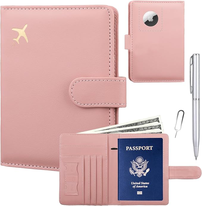 GOAUS Passport Holder for Travel with AirTag Slot, Passport Book Wallet | Cards Cash Pocket, RFID Blocking, Waterproof, Passport Case, Travel Gifts for Women Men, Faux Leather, AirTag Not Included