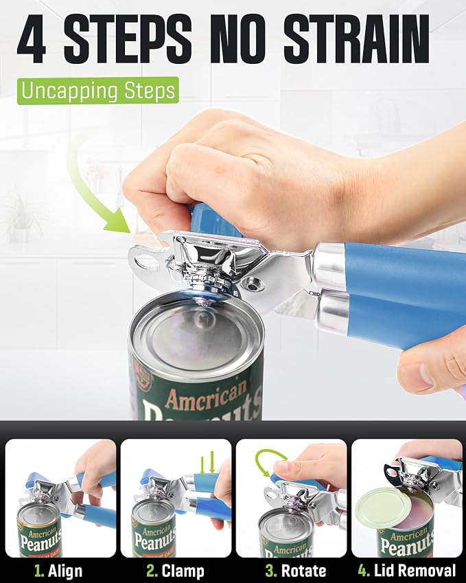 Multifunctional Can Opener Manual, Durable Heavy Duty Handheld Strong Can Opener with Smooth Cutting Edge, Friendly Kitchen Essentials Tool for Seniors, Camping and Bottle Opening-Blue