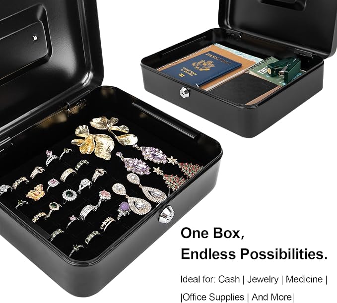 Jssmst Large Cash Box with Key Lock - Durable Metal Cash Box with Money Tray, 11.81 x 9.84 x 3.46 inches (X-Large, Black)