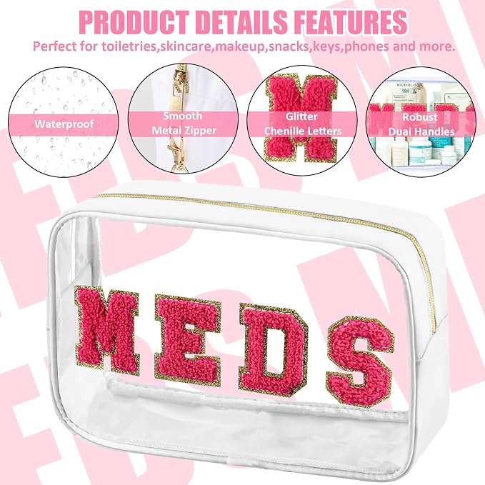 BuyCard 2 Pcs Medicine Chenille Letter Bag Preppy Clear Makeup Meds Bag for Travel Nylon & PVC Transparent Cosmetic Bag Preppy Patch Toiletry Storage for Women Girls White