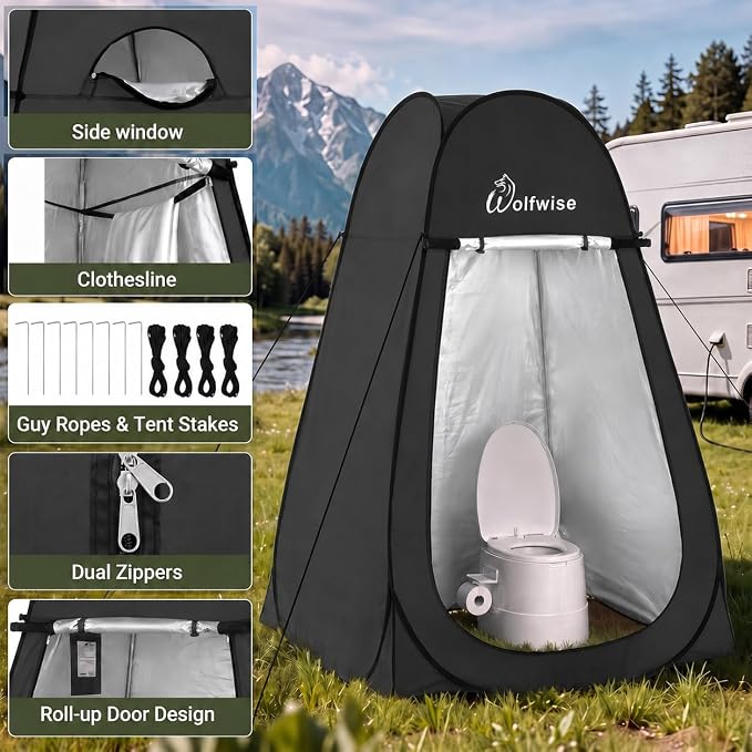 WolfWise Pop Up Shower Tent for Camping Essentials, Compact & Lightweight | Portable Instant Changing Tent with Window & Carry Bag, Privacy Dressing Room Bathroom for Outdoor, 6'3"/6'11" H