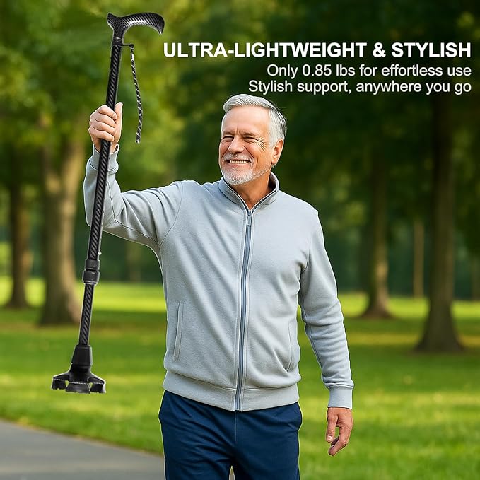 Adjustable Walking Cane for Men & Women - Lightweight Carbon Fiber Cane, Premium Walking Stick for Seniors with Quad & Single Rubber Tips, Ergonomic Handle & Wrist Strap