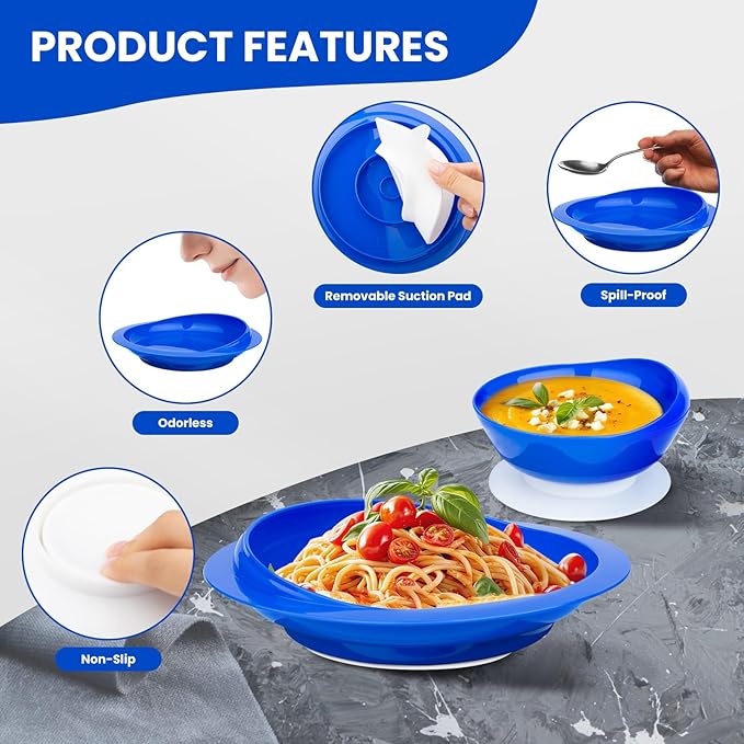Spill Proof Scoop Plate and Bowl with Non-Skid Suction Base, Adaptive Self-Feeding Dinnerware for Elderly and Disabled