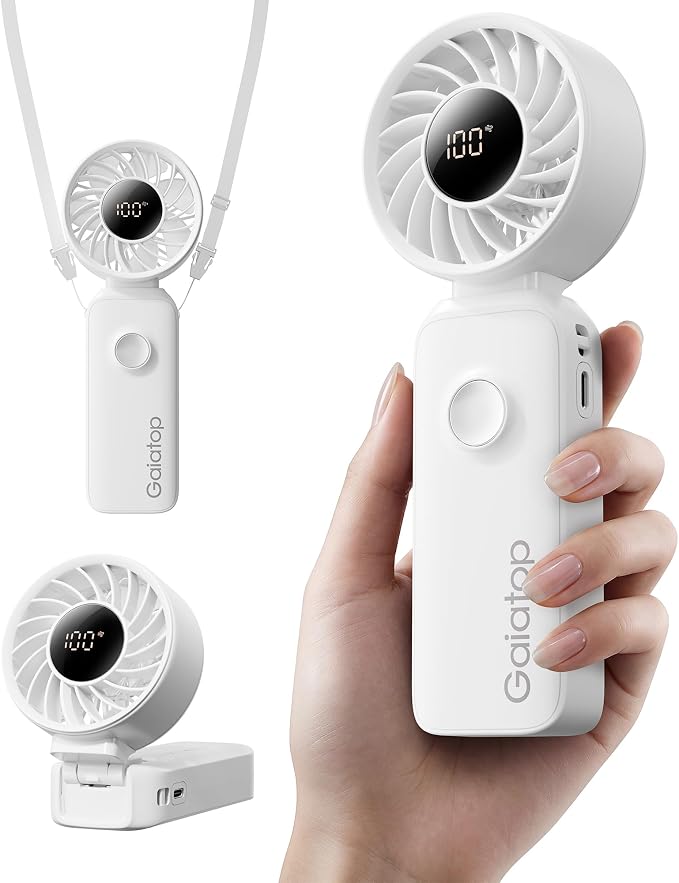 Gaiatop Portable Handheld Fan, 5 Speed Rechargeable Battery Max 18 Working Hours, 3 IN 1 Neck/Desk/Hand Fan Cooling for Travel, Beach, Women/Men Outdoor Activities Gifts - White