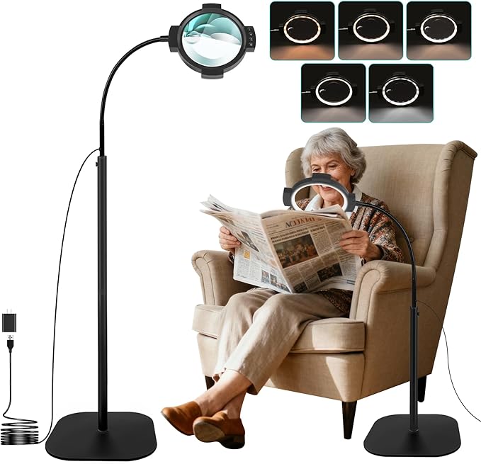 10X 30X Floor Magnifying Glass with Light and Stand, Large 54-LED Dimmable Magnifying Floor Lamp, 2 in 1 Lighted Magnifier for Reading,Close Work,Sewing, Crafts