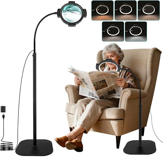 10X 30X Floor Magnifying Glass with Light and Stand, Large 54-LED Dimmable Magnifying Floor Lamp, 2 in 1 Lighted Magnifier for Reading,Close Work,Sewing, Crafts