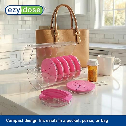 Ezy Dose Weekly (7-Day) Daily Pill Case, Medicine Planner, Vitamin Organizer Container, Compact Round Containers with Flexible Lids and Removable Compartments, 3 Times a Day, Pink, BPA Free