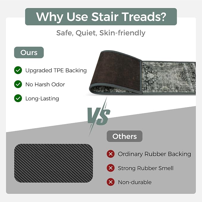 sarben 8"x30" Non Slip Stair Treads for Wooden Steps 15 Pack, Black Gray | Peel and Stick Carpet Stair Runner with TPE Adhesive Backing, Carpet for Added Safety, Pet and Senior Friendly