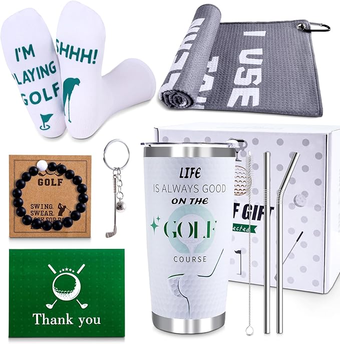 Golf Gifts for Men - 9PC Set: Tumbler, Towel, Socks, Key Chain, Bracelet, Thanks Card; Gift Box; Perfect for Golfer, Dad, Christmas