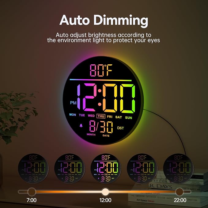 JALL 10" Large Digital Wall Clock with Remote, RGB Color, Big LED Display, Alarm Countdown Timer, DST, Temperature, Decor for Bedroom Living Room Gym Gaming Room, Easy to Read Clock for Seniors