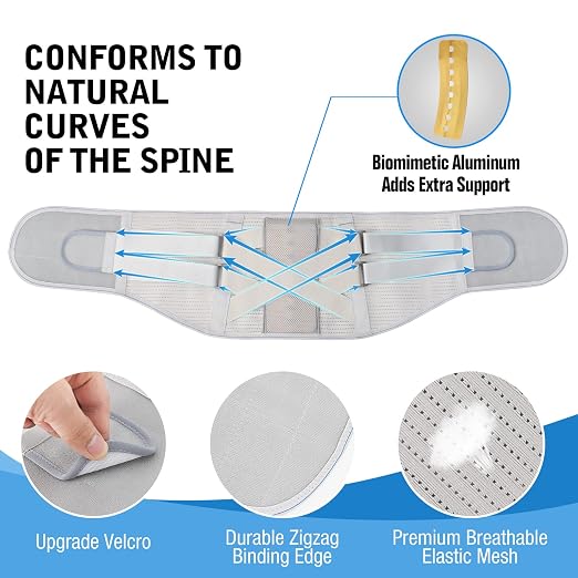 Back Brace for Lower Back Pain - Lumbar Support with Bionic Support System, Adjustable Belt for Men Women, Relieves Sciatica, Herniated Disc, Scoliosis, Posture Correction for Workout, Daily Use, Heavy Lifting(Grey,X-Large)