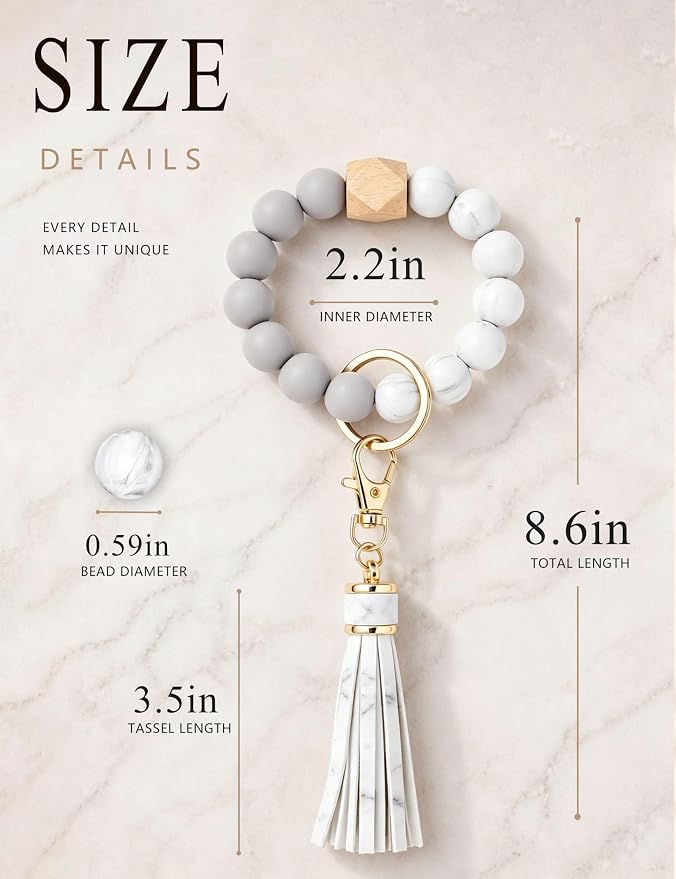 BAOSIWA Silicone Beaded Bracelet Keychain Wristlet Key Ring Bangle Chains for Women with Leather Tassel