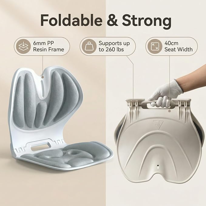 Foldable Ergonomic Lumbar Support Cushion for Office Chair, Portable Posture Corrector Seat (Beige, M)