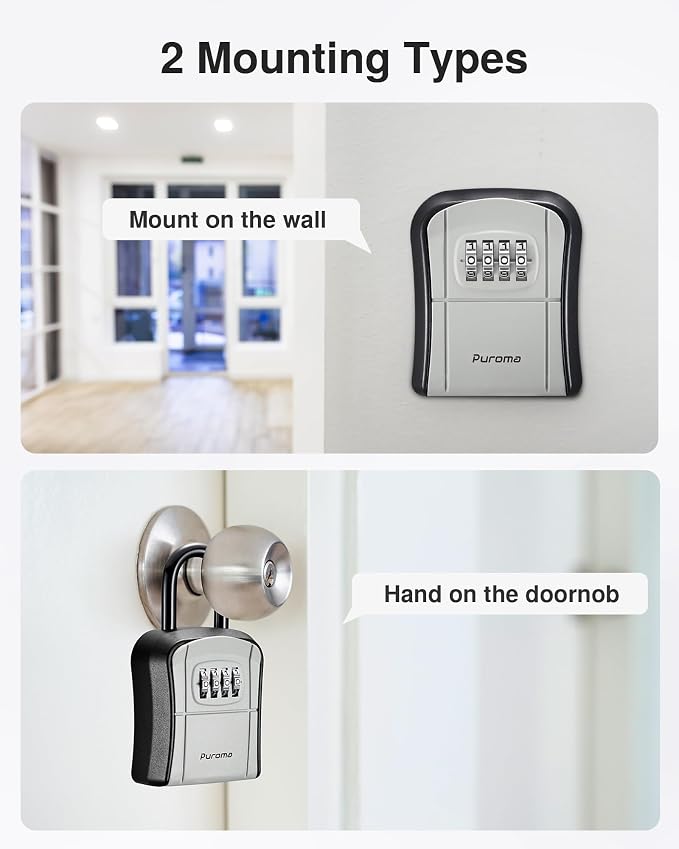 Puroma Key Lock Box Outdoor 4 Digit Code Combination Lockbox House, 8 Gray | For Contractors Guest Realtor Storage Keys, Portable, Home Wall Mount, Resettable, Combination, Weatherproof, High-capacity