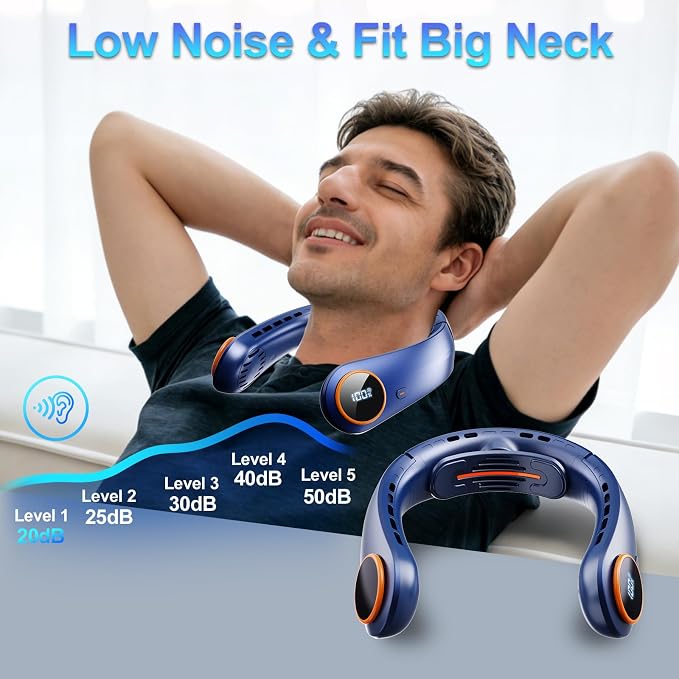 Portable Neck Fan, 5000mAh Bladeless Fan with 3 Built-in Fans, Instant Cooling 360° Surround Airflow & LED Display, Wearable Personal Fan for Outdoor, Travel, Gifts for Women Men (Blue)