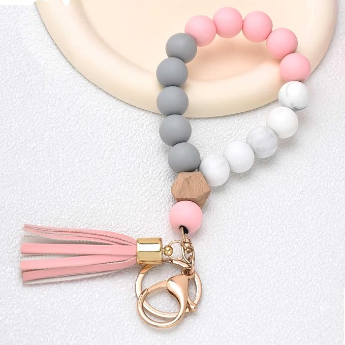 BAOSIWA Silicone Key Ring Bracelet Wristlet Keychain Unique Beaded Bangle Key Chains for Women with Leather Tassel