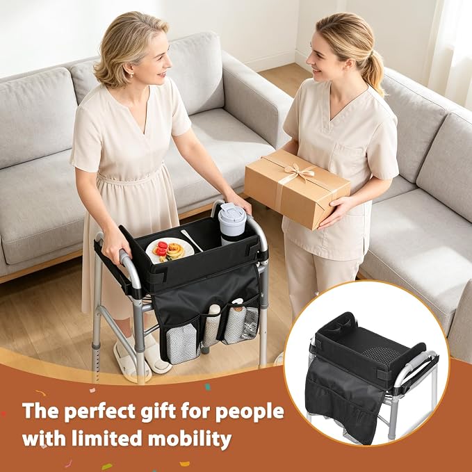 Tray for Walkers for Seniors with Cup Holder - Walker Accessories 【w/Pockets, Cup Holder & Non Slip Mat for Food】Mobility Trays Fits Most Standard Folding Walkers, Removable & Easy Assembly