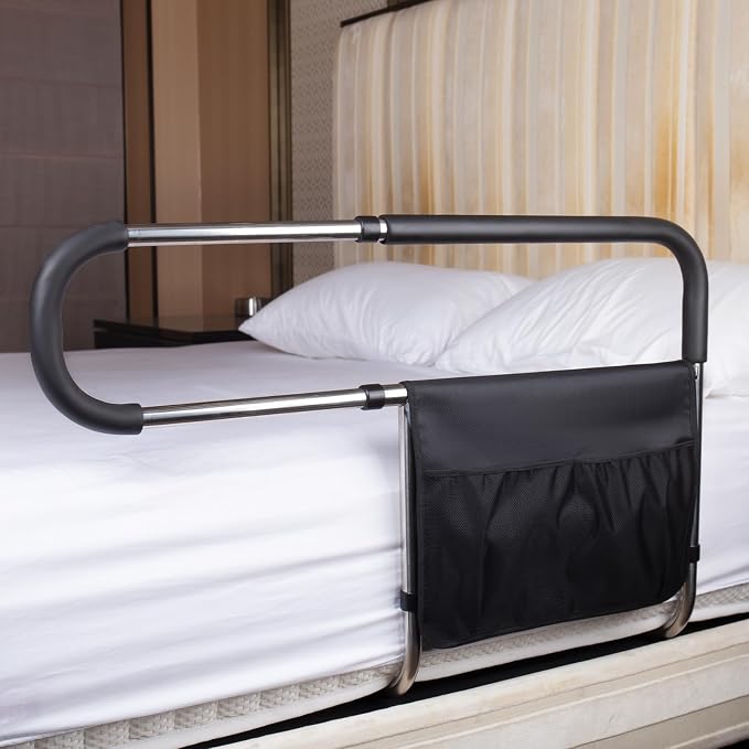 Bed Rails for Elderly Adults Safety, Stainless Steel Bed Assist Rail with Adjustable Side Railings for Seniors Bedside Fall Prevent Grab Bar with Storage Pocket, Fits King Queen Full Twin Bed