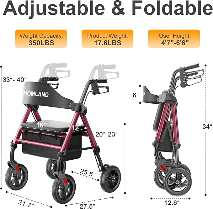 HOMLAND Walkers for Seniors with Seat, Foldable Rollator Walker, Reinforced Aluminum Frame, 8" Big Rubber Wheels for All Terrain, Height Adjustable Lightweight Rolling Walker