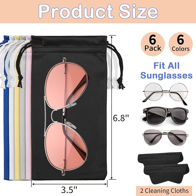 6 Pcs Premium Microfiber Sunglasses Pouch Bag, Glasses Case Soft Multicolor | With 2 Cleaning Cloths, Drawstring Storage Pouch for Phone, Eyeglass Holder, Eyewear