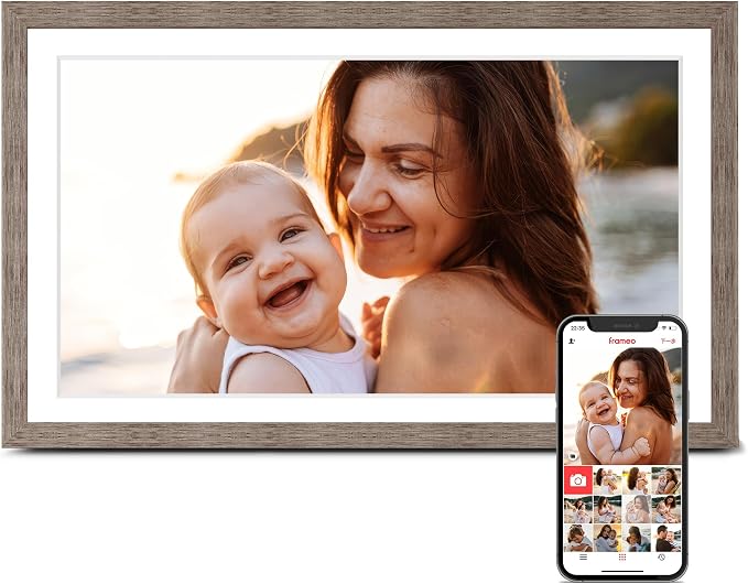 Frameo 15.6 inch Digital Picture Frame WiFi Wood, 1920 * 1080 IPS FHD Touchscreen Large Digital Photo Frame, 32GB Storage, Instant Share Photo Video, Wall-Mountable & Tabletop Display, Gift for Mom