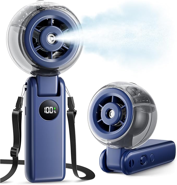 Portable Handheld Misting Fan, 4000mAh Rechargeable 3-in-1 Foldable Cooling Turbo Fan, 1-100 Stepless Speed with Water Spray & LED Display, Desk & Neck Personal Fan for Travel Beach Outdoor (Blue)