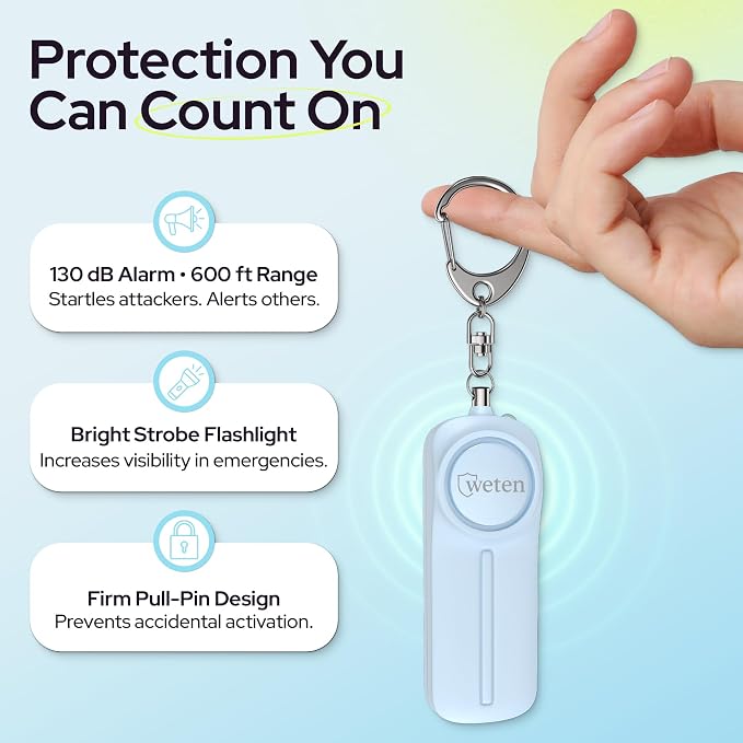 Weten Personal Safety Alarm Keychain for Women, Blue | 130dB Siren, LED Light, Panic Pin, Self-Defense Device, Emergency Whistle Alternative for College, Travel, and Night Walk