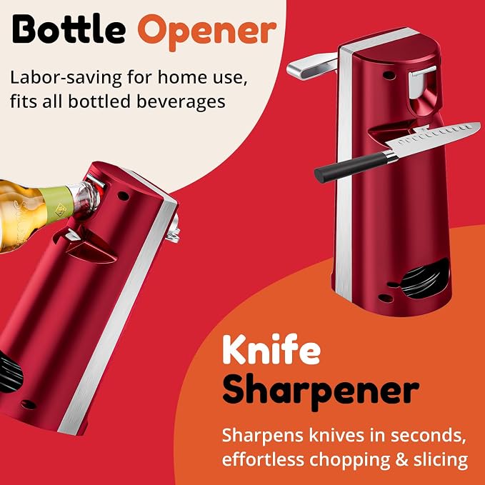 Davivy Electric Operated Can Opener for One Millet Opener, Removable Stainless Steel Cutter and 3-in-1 Design with Knife Sharpener and Bottle Opener (ABS-Red)