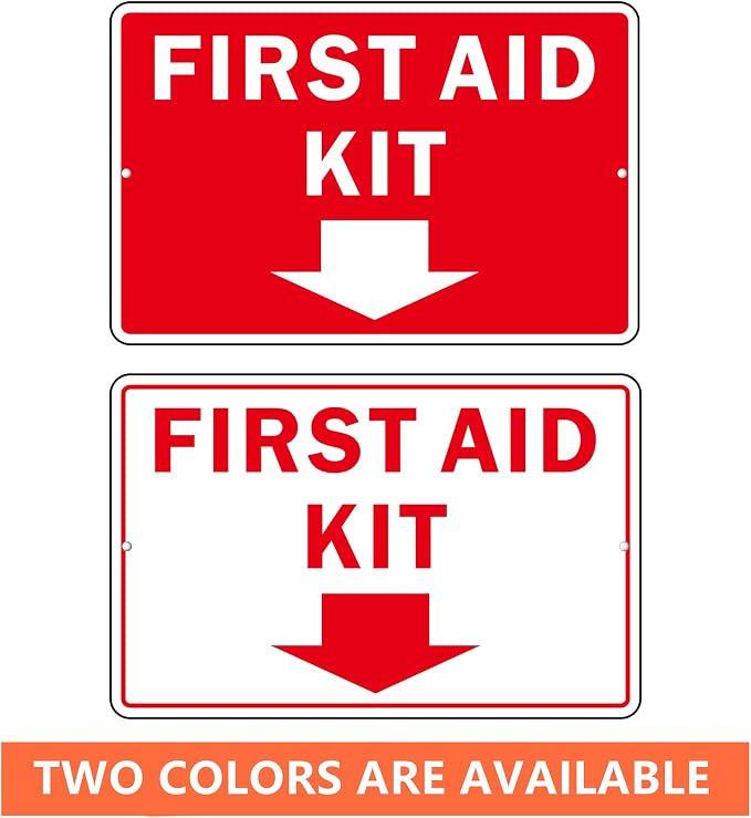 First Aid Sign, (2 Pack) Self Adhesive First Aid Kit Sign for Wall, Aluminum Metal Signs With 2 Pre-drilled Holes (9 x 6 inches, Red/White)