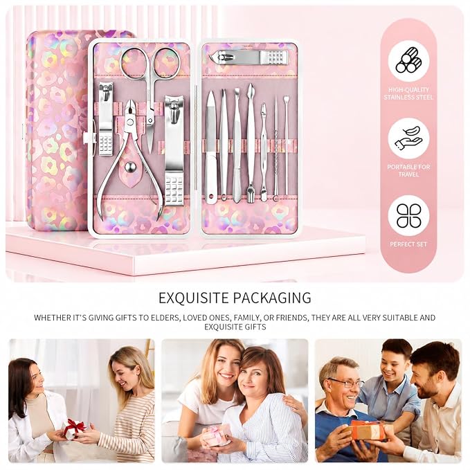 ZIZZON Nail Clippers Kit Manicure Pedicure Set with Holographic Case(Pink) | 12-Piece Set with Thicker Steel, Precision-ground Cutting Edges, and Smooth-finished Tools for Clean, Precise Trimming.
