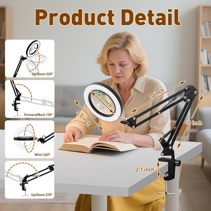 KIRKAS 12X 30X Magnifying Glass with Light and Clamp, Swivel Arm Desk Lamp | 10 Level Dimmable 3 Color Modes, Lighted Magnifier with Light for Repair, Craft, Sewing, Reading, Close Work - Black
