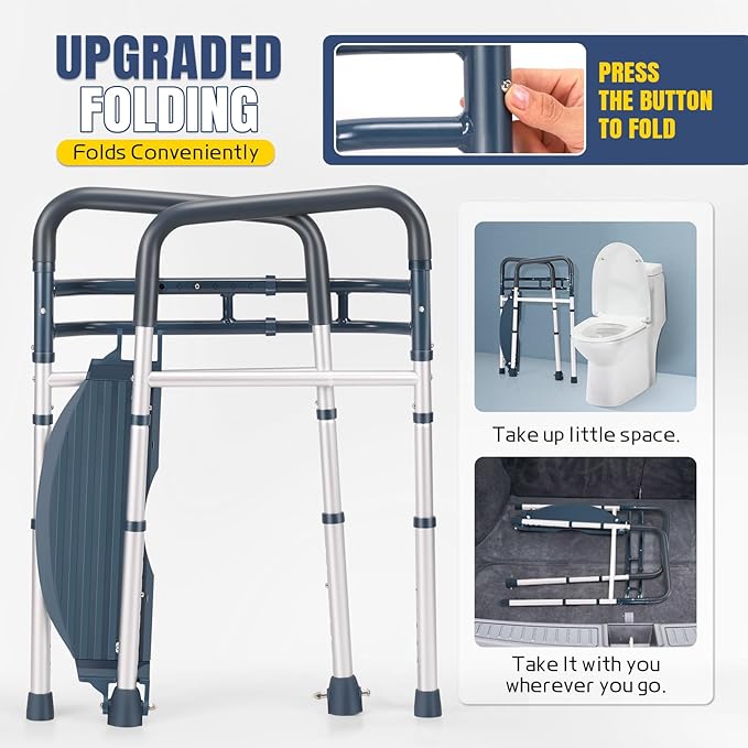 Toilet Safety Rails with Footrest, Folding & Portable Bathroom Toilet Handles for Elderly, Seniors, Handicap & Disabled, Adjustable Toilet Safety Frame Fit Any Toilets (350 LB)