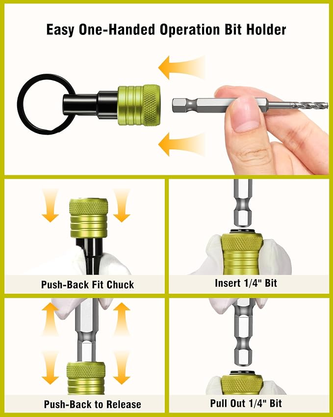 Katerk Bit Holder Keychain 12 Pcs, 1/4-Inch Hex Shank, Quick Release, Green | Aluminum Alloy, Impact Drivers, Drill Bits, Tool Belt Use, Carabiner Clip, One-Handed Operation, Ball Lock, Compact Organizer