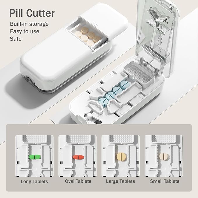 3-in-1 Adjustable Pill Cutter for Small & Large Pills, Professional Pill Splitter Cuts Tablets into 1/2, 1/3 & 1/4, Cuts Multiple Tablets,Hidden Blade，with Storage Box and Tweezers (White)
