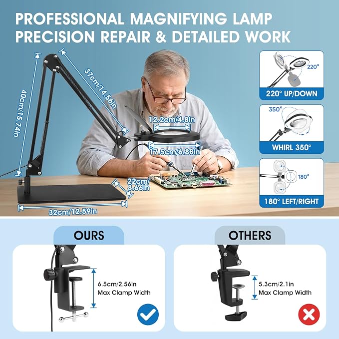 LIONVISON Magnifying Glass with Light and Stand: 27 Inch Extra Long Arm | 10X Magnifying Lamp - Stepless Dimmable & Color Temperature LED Lighted Magnifier Clamp Magnifier for Reading Close Work