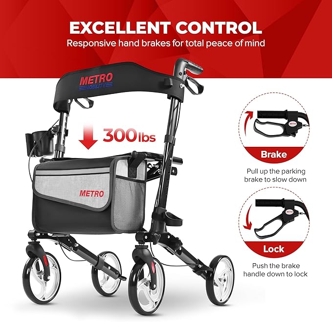 Metro Mobility Rollator Walker with Seat for Seniors, Foldable Lightweight Rolling Walker, 8" Big Wheels for All Terrain, 300 lb. Weight Capacity, Black