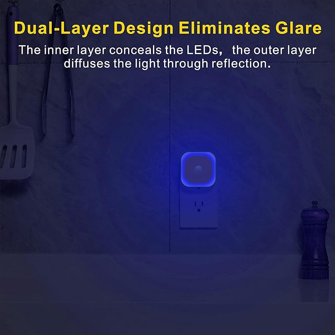 2 Pack Plug in Night Light with Motion Sensor & Dusk to Dawn Sensor, 3 Sensor Modes, Blue Night Lights Plug into Wall, Dimmable Nightlight for Bathroom, Bedroom, Indoor