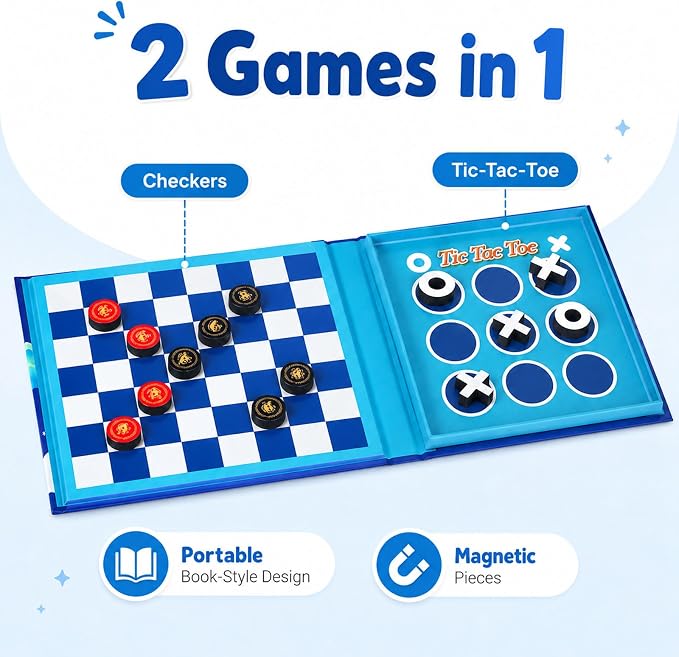 2-in-1 Travel Checkers and Tic Tac Toe Game for Kids Ages 8-12, Magnetic Checkers Board Game, Foldable Road Trip and Plane Activities