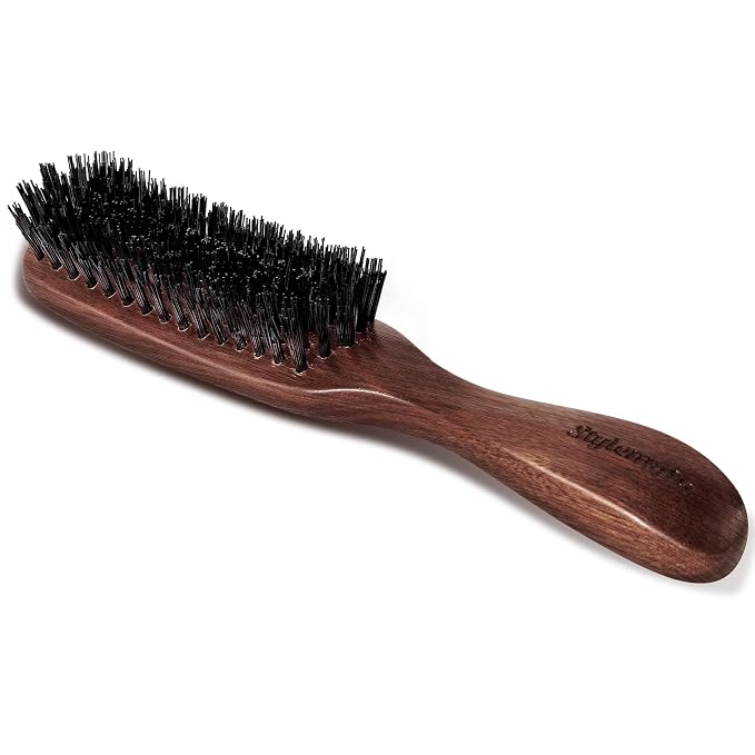 STYLEMATE Hair Brush for Men, Mens Nylon Stiff Bristles Hard Firm Hair Brush for Thick Hair, Slick Back Natural Black Walnut Wooden Handle for Smoothing, Detangling, Styling