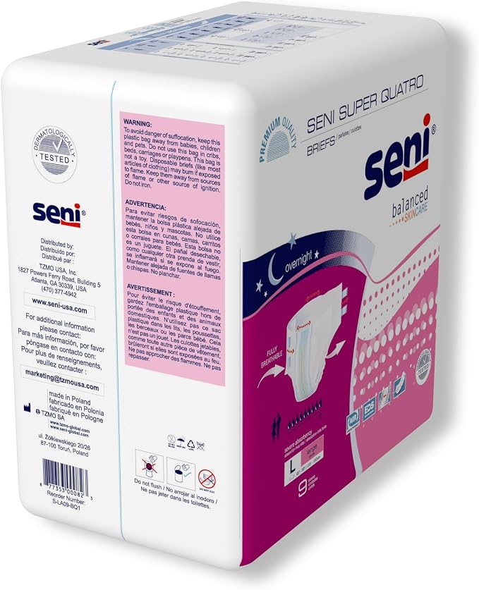 Seni Super Quatro Unisex Adult Incontinence Briefs with Tabs, Size Large (45"-59"), 36 Count (4 Packs of 9), Severe Absorbency, Disposable Overnight Briefs for Men & Women